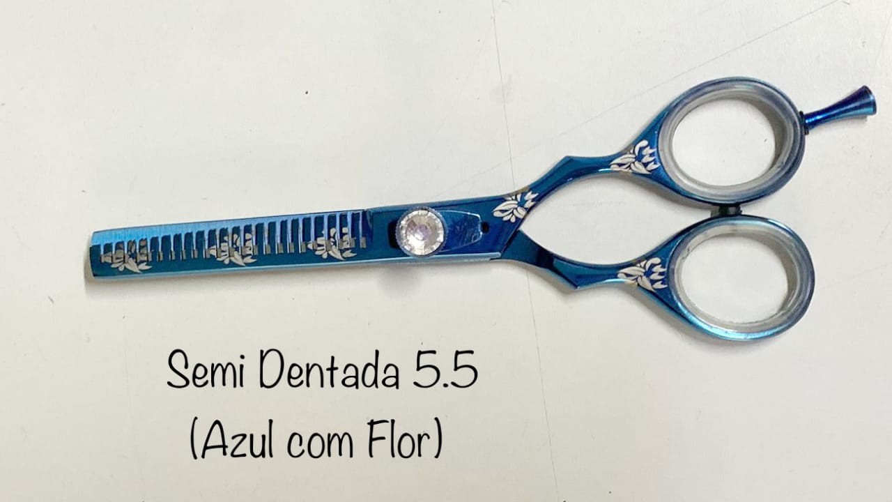 Tesoura Semi Dentada Azul 5.5 com Estampa de Flor