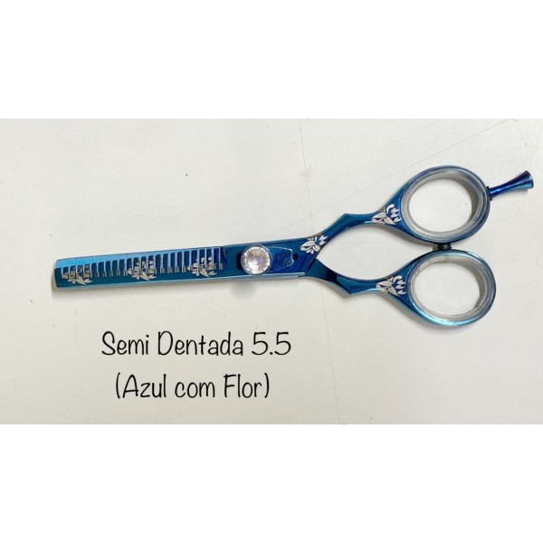 Tesoura Semi Dentada Azul 5.5 com Estampa de Flor