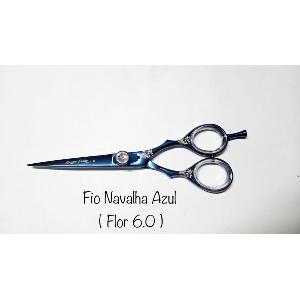 Tesoura Profissional Fio Navalha Azul Flor 6.0
