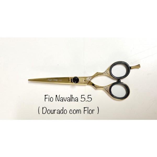 Tesoura de Corte Profissional Fio Navalha 5.5 - Dourado com Flor