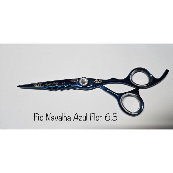 Tesoura Profissional Fio Navalha Azul Flor 6.5