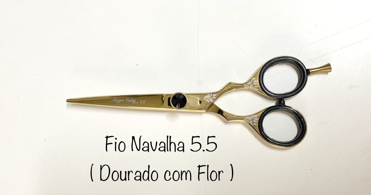 Tesoura de Corte Profissional Fio Navalha 5.5 - Dourado com Flor