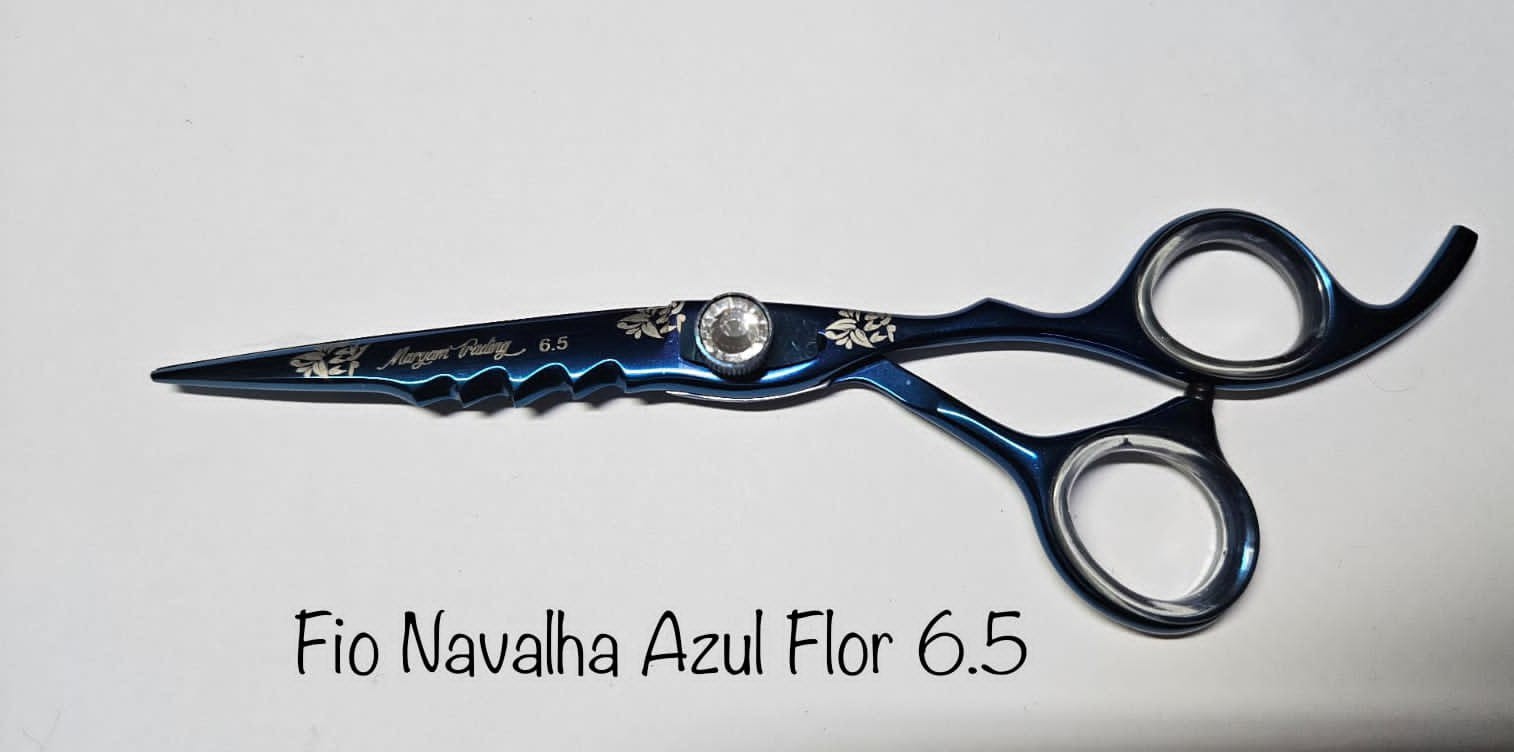 Tesoura Profissional Fio Navalha Azul Flor 6.5